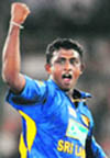 Sri Lanka spinner Ajantha Mendis (L) celebrates after taking the wicket of Suresh Raina during the Asia Cup final, while Yuvraj Singh (M) and Suresh Raina after being castled during the Asia Cup final at the National Cricket Stadium in Karachi on Sunday.