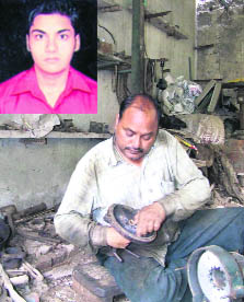 Sunil Jain, father of the deceased, busy at his workshop in Gurgaon; and (inset) victim Sachin Jain.