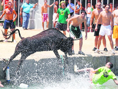 A bull chasing reveller jumps into the sea during the 'Bous a la mar' festivities in the eastern Spanish coastal town of Denia on Monday.