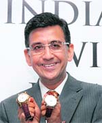 Kamla Dials CEO Yashovardhan Saboo showcases Swiss watches at a press conference in New Delhi