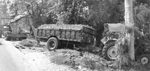 A tractor-trolley that collided with a scooter near Jhungiyan village, Kharar, on Wednesday.