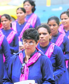 Women taxi drivers take an oath against "unnecessary honking" at a function organised by the city's traffic police in Mumbai