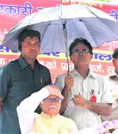 Leader of the Opposition in the Lok Sabha L.K. Advani during a protest by the Bharatiya Mazdoor Sangh organised against the Sixth Pay Commission report at Jantar Mantar in New Delhi on Thursday.