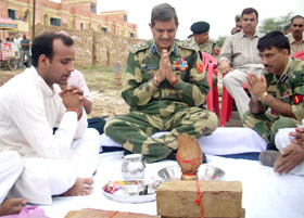 BSF DIG V. K. Sharma performing bhoomi poojan in the sector headquarters at Abohar on Saturday.