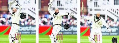 In this combo of images South Africas Hashim Amla looks back as his helmet comes off after getting a bouncer from Englands James Anderson during the first Test at Lords