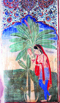 A painting of virhani nayika standing with her arm around a plantain tree adorns the chitrashila.