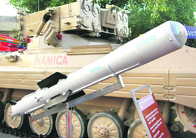 A file picture of a Nag missile on display at a Def-Expo in New Delhi