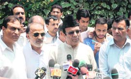 NC leaders address mediapersons after a meeting of the core group of the party in Srinagar on Tuesday. 