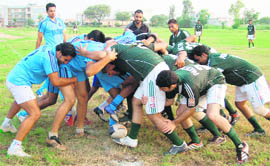 Players of India and Pakistan teams during the Indo-Pak rugby match at Tangori on Wednesday.