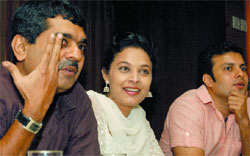 Director of forthcoming film Mohandas, Mazhar Kamran, actors Sharbani Mukherjee and Nakul Vaid at a press conference for the promotion of the film in New Delhi