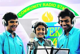 Enthusiastic Vivek students try their hand at radio jockeying at the school’s community radio station