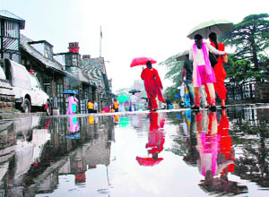 A reflection of the rain-lashed area near the Shimla MC office captured on Thursday morning.