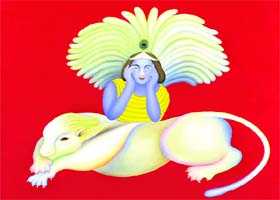 Manjit Bawas untitled painting featuring a goat-like creature and an unknown deity