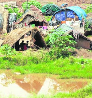 Huts of labourers in the crusher zone in Chandi Mandir where a child died of cholera on Friday