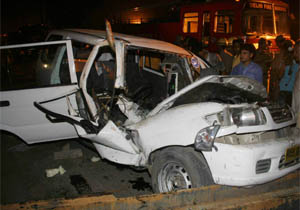 A huge iron bar fell on a car near Metro construction site in front of the RML Hospital in New Delhi on Friday.