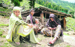 Migratory Bakerwal women sitting outside their hutments in the Chandanwari area near Pahalgam in South Kashmir