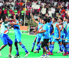Indian players celebrate victory over South Korea in the final of the sixth mens Junior Asia Cup in Hyderabad on Friday. 