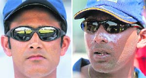 Kumble (L) will have his hands full, against Jayawardene, as the Indian team try to prove their claim of being the second best Test-playing nation