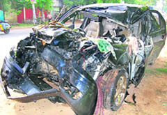 Mangled remains of a car in which four youngsters were travelling from Khanna to Samrala late Friday night. 
