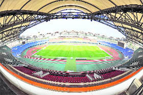 A general view of the Qinhuangdao Olympic Sports Center Stadium, Hebei province. Qinhuangdao is hosting soccer matches during the Beijing Olympic Games. This picture was taken with a fisheye lens on Thursday. 