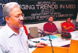 A. J. Philip, senior associate editor, The Tribune, addresses a seminar on the changing trends in media in Chandigarh on Sunday.