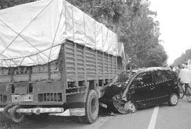 Mangled remains of the car that met with an accident on the Ambala-Rajpura highway on Sunday. 