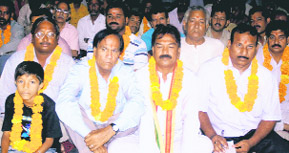 Members of the Amarnath Yatra Sangharsh Samiti sit on a hunger strike in Jammu.