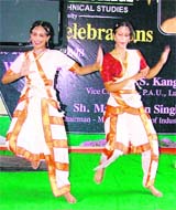 Students of Shri Atam Vallabh Jain College give a performance at the foundation day celebrations of the college in Ludhiana on Sunday. 