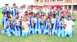 The Ludhiana team, which beat Chandigarh in the final of the Punjab State Inter-District Twenty20 Cricket Championship- with the chief guests after the prize distribution function in Ludhiana on Sunday.
