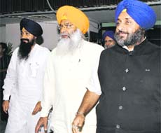 SAD president Sukhbir Singh Badal (right) with party MP Sukhdev Singh Dhindsa (centre) and others arrive to attend the NDA dinner in New Delhi