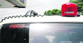 The vehicle of Doon MLA Vinod Chandel fitted with a red beacon atop and a Press sticker pasted on the front windscreen.