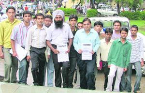 ABVP members on their way to submit memorandum to the deputy commissioner in Ludhiana on Monday. 