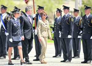 Britains Prime Minister Gordon Brown reviews the guard of honour at the Israeli parliament in Jerusalem on Monday.
