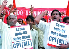 CPI-ML activists shout slogans during their demonstration against the Indo-US nuclear deal near the Parlianent House in New Delhi