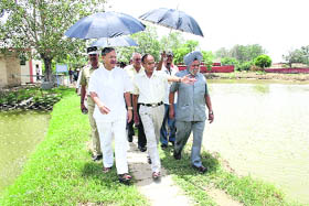 The union minister of state for defence production, Rao Inderjit Singh, visits the Central Institute of Fisheries Education in Lahli village, near Rohtak.