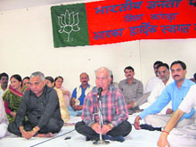 Shanta Kumar, BJP leader and former union minister, addresses a district-level BJP convention at Palampur on Friday.