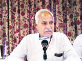 Chander Kumar, Kangra MP, addresses a press conference at Dharamsala on Friday.