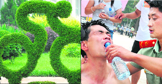 Olympics-theme floral displays are created and displayed at the Flower Distribution Center in south Beijing on Friday where the tasks of designing, producing and distributing flowers for the victory ceremonies of the Beijing 2008 Olympic Games and the city's urban landscaping are taking place; and right: A Chinese man receives water and first aid from a paramilitary officer after collapsing from the heat, while waiting to buy the final batch of Olympic tickets on Friday. Demand was so high that more than 10,000 people were in the line by Thursday and by early July 25, numbers ballooned to between 40,000 and 50,000.