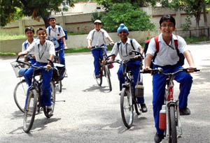 Students in Bathinda cycling their way to home after daylong classes.