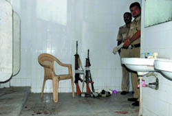 The bathroom at the Mayur Vihar police station CRPF camp where head constable PC Yadav was allegedly shot by his colleague on Saturday. 