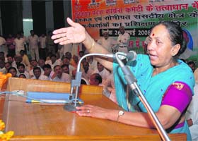 AICC general secretary Margaret Alva addresses a party meeting in Panipat