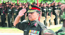 Major-Gen D L Chowdhary, GOC, Tiger Division, saluting at a wreath-laying ceremony to mark victory of the Army in Kargil war in 1999, at Jammu on Saturday.