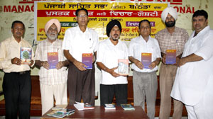 Dignitaries releasing books during a function organised by the local chapter of the Punjabi Sahit Sabha at the Teachers Home in Bathinda on Sunday. 
