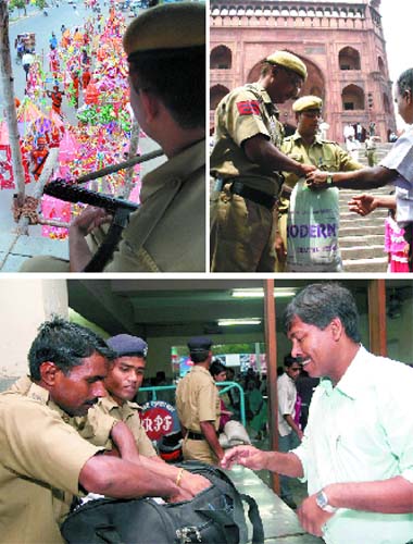 Clockwise from top: A policeman keeps vigil on the movement of Kanwariyas on NH-24 in New Delhi on Sunday. Policemen check a bag at the Jama Masjid on Sunday. Security check is carried out at New Delhi Railway Station on Sunday. Security has been beefed up here after serial bomb blasts in Bangalore and Ahmedabad