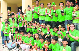 Winners of Abacus festival at Arya College in Ludhiana on Sunday.