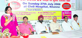 An eye check-up camp being organised by Bharat Vikas Parishad in Khanna on Sunday.