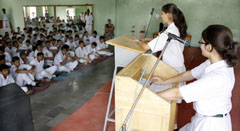 Students participate in a debate on environment held at Delhi Public School in Bathinda on Monday.