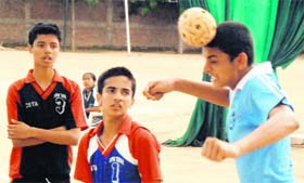 A match in progress during the 5th Chandigarh Junior State Sepak Takraw Championship in Chandigarh