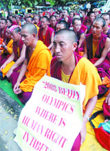 Tibetan Youth Congress (TYC) activists protest against the 2008 Beijing Olympics and 60 years of illegal occupation of Tibet by China during the launch of an Indefinite Fast for Tibet, at Jantar Mantar in New Delhi