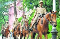 Security tightend in the state with police patrolling on The Mall in Shimla on Monday in view of the bomb blasts in various states.